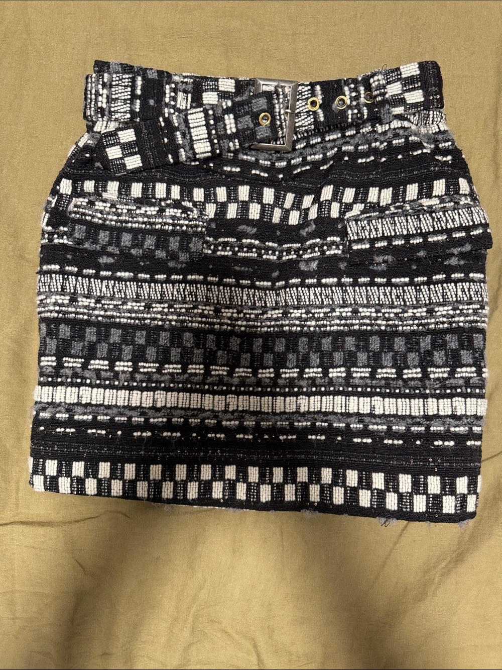 Ramy Brook Ashley Belted Metallic Tweed Mini Skirt Black Ivory - EUC